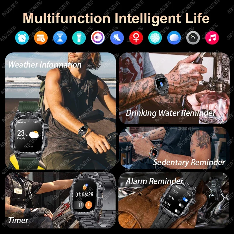 NEW Military Men's Smart Watch Outdoor Flashlight Smartwatch Sport Fitness Tracker Blood Oxygen Monitoring Women Watches Android