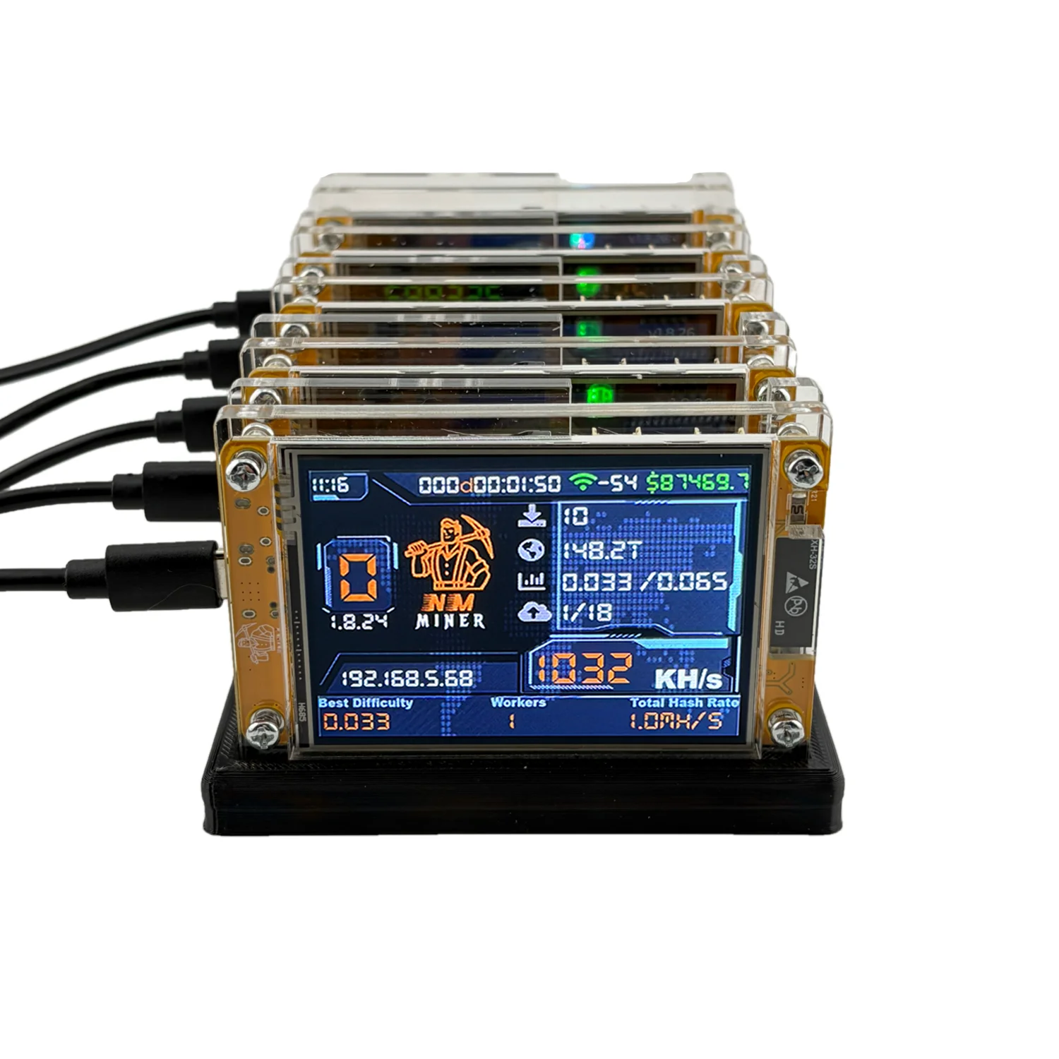 Upgraded-Bitcoin Lottery Solo Miner 5X 1061KH/S Nmminer NerdMiner+ Crypto Desktop Device Harshrate 5 Slots Stand 2.8 Inch Smart