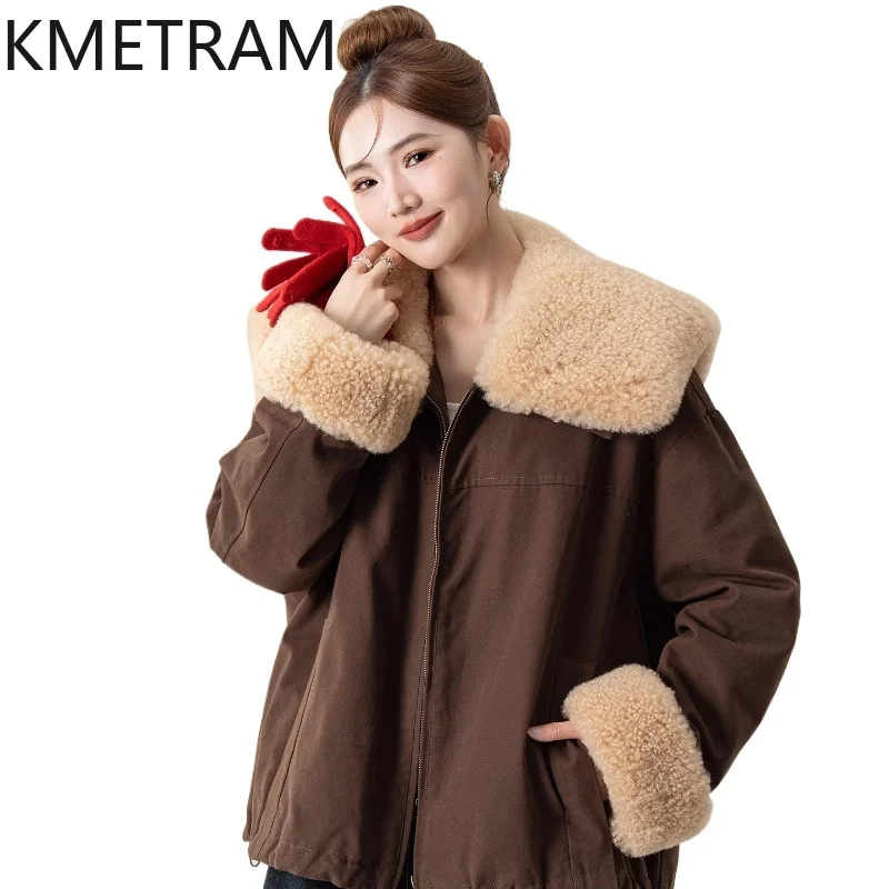 KMETRAM Abrigo de piel corto vintage y cálido con solapa de algodón 100% natural para damas en otoño e invierno 2025 зимняя куртка ж miscecud