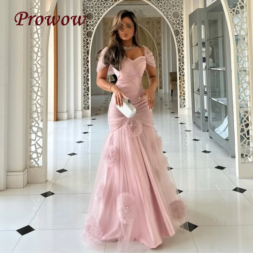 

Prowow Elegant Pink Mermaid Evening Dresses Sweetheart Neck Soft Tulle Prom Gowns 3D Flowers Saudi Arabia Women Customized
