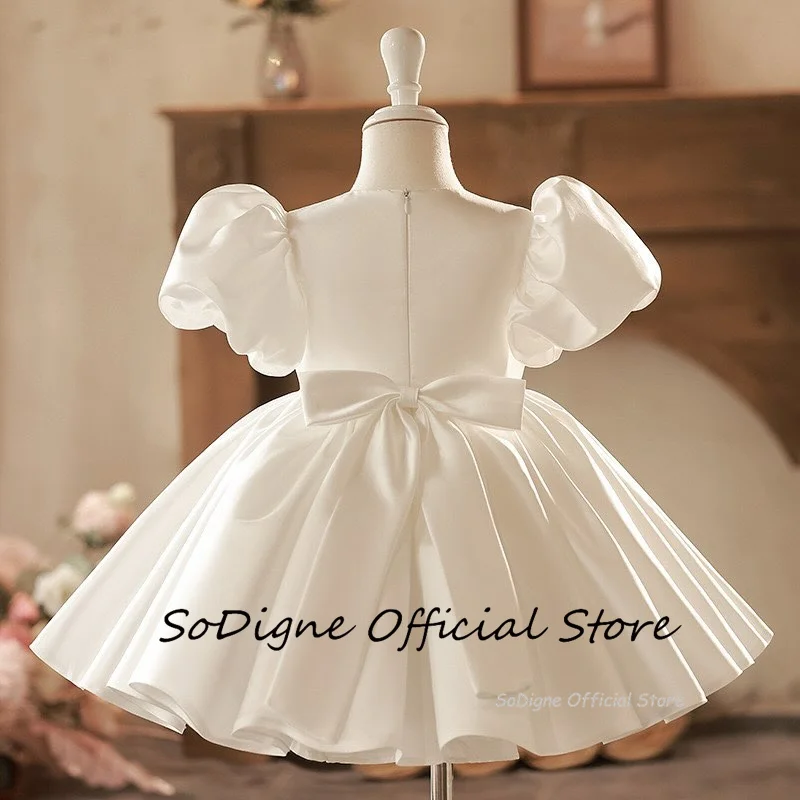 SoDigne-vestido de satén con corte en A para niña, falda de manga corta con cuello redondo, vestidos de fiesta para niña, vestido sencillo para niño con lazo personalizado