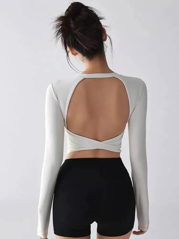 جديد اليوغا طويلة الأكمام المرأة S وسادة الصدر الثابتة مع مثير عارية الذراعين الرياضة الخصر يتوقف والتخسيس ارتداءها تي شيرت