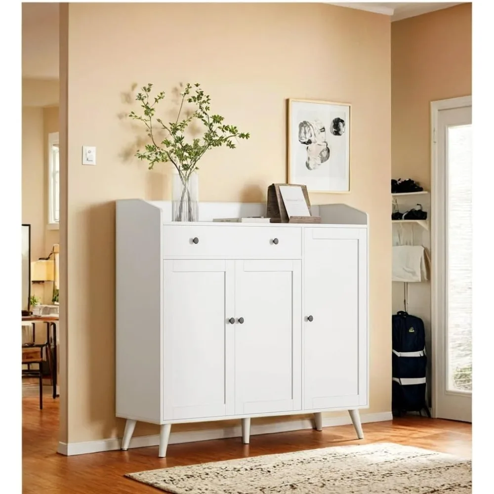 

White Large Shoes Cabinet fit up to Shoe Size 16, Shoe Storage Cabinet with 3 Doors and 1 Drawer, Wooden Shoes Organizer for ent