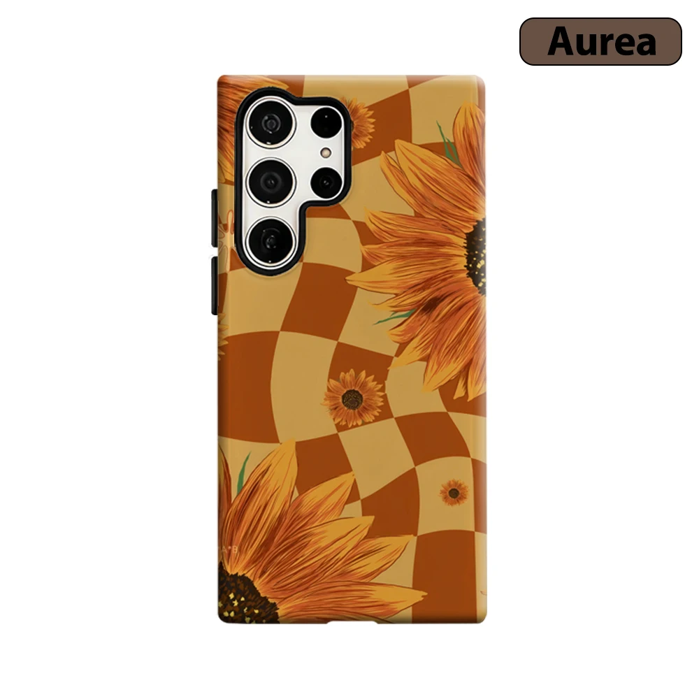 Sunflower Checker Phone Case for Samsung Galaxy S25 Ultra S24 S23 Ultra Plus Shockproof Double Layer Tough Back Cover