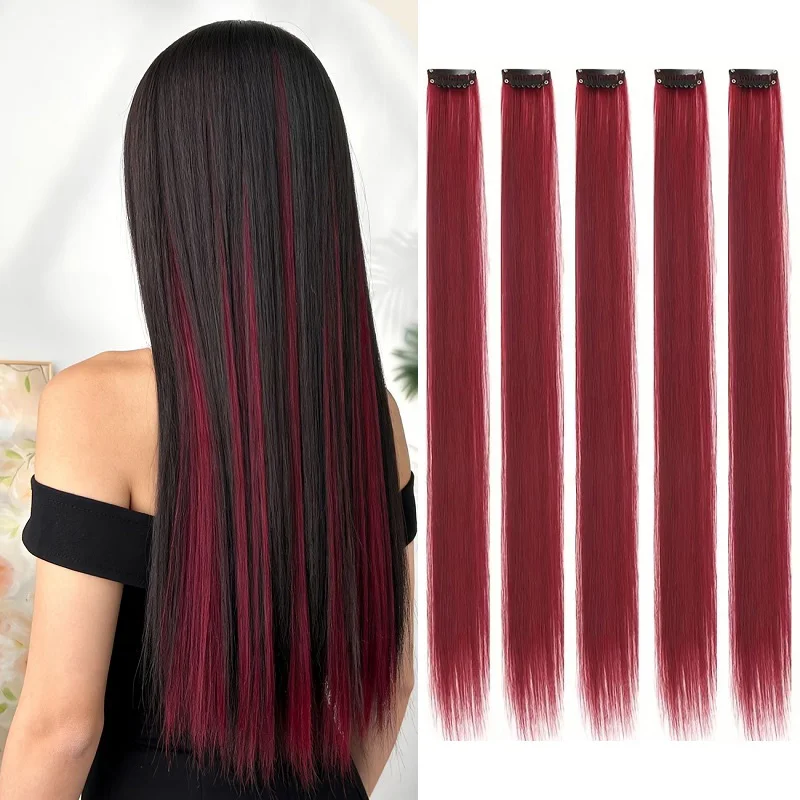 Extensiones de cabello sintético con clip, largas y rectas, 5 unidades/juego, para mujer, postizo de arcoíris, para fiesta de Navidad, cosplay, uso diario