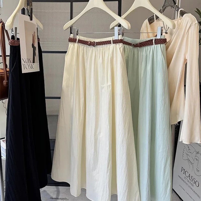 Women's Retro Korean Style Solid Color High Waist Maxi Skirt Ruffled A-Line Skirt with Braided Belt