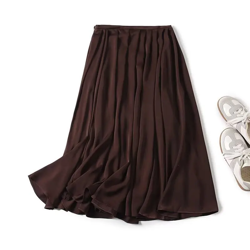 Maxdutti Nordic Minimalist Satin Pleated Skirt High Waist Large Swing Skirt Fashion Ladies Midi Skirt For Women