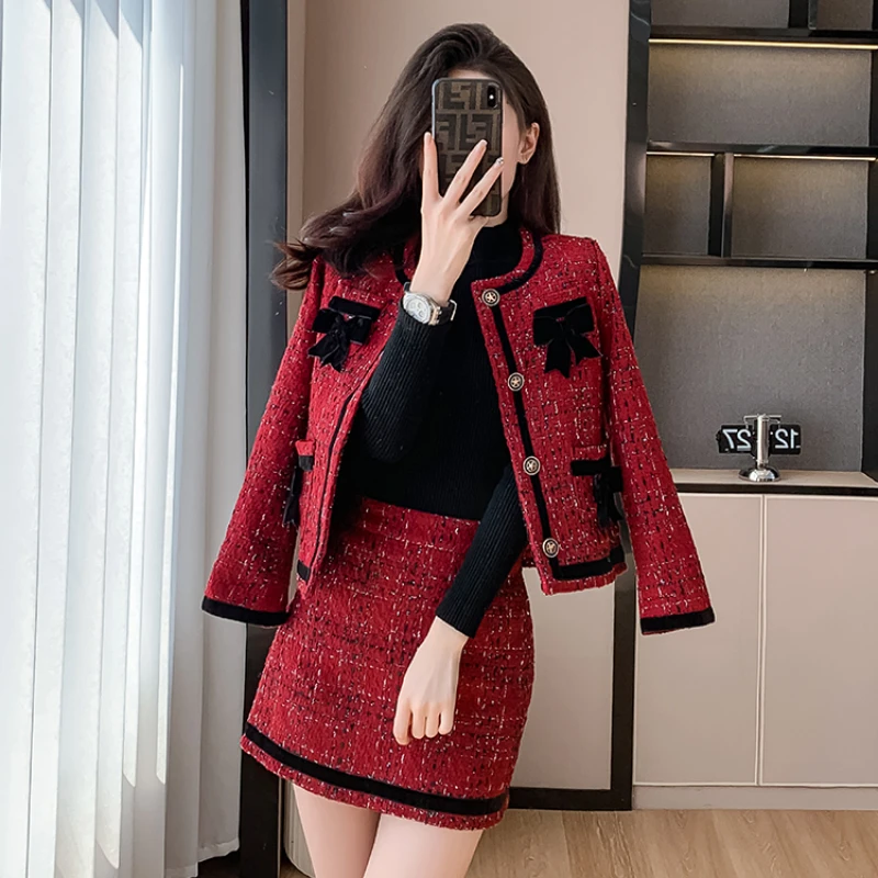 

Two Piece Set For Women New Elegante Herfst Korte Mini Bodycon Pak Rok Single-Breasted Strik Jas Pakken Werk Business Tweed Set