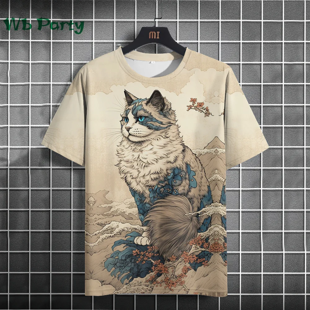 Vintage Cat Pattern Print Short Sleeve T-shirts Man Cat Print Custom T shirt Vintage Shirts Graphic Tee Men\'s Summer Clothes Tee