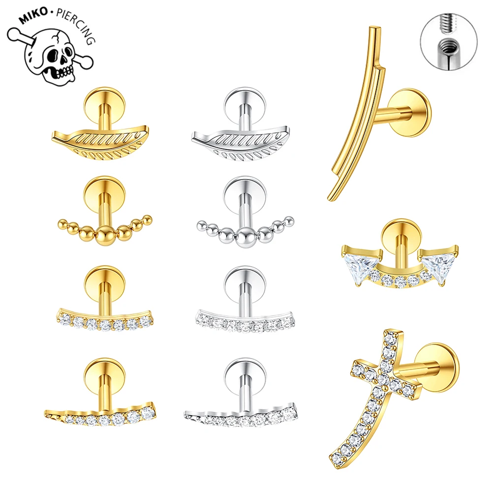 1 Stück ASTM F136 G23 Titan Zirkon Flacher Ohrstecker Blätter-Design für Ohrläppchen Helix Tragus Knorpel Piercing Schmuck 16G