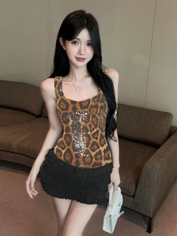 

Сексуальная юбка Pure Desire U-Ne с леопардовым принтом и пайетками Spicy Girl Night Club Slim Fit Strapl Bodycon Dr Cake Sle Sp...