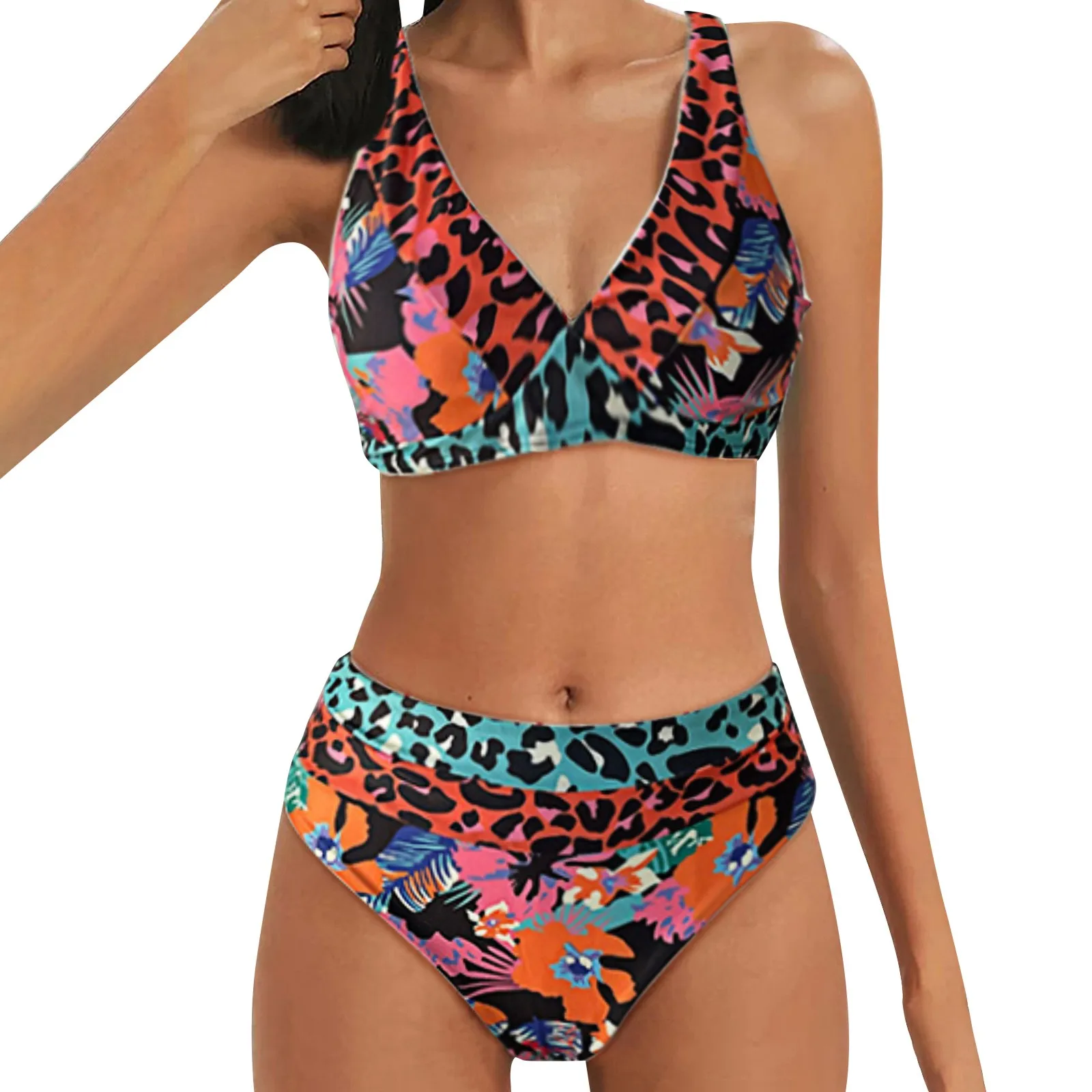 Bikini Set Print Leopard Linked Spaghetti Strap Triangle Thong Sexy Splicing Biquini Strój kąpielowy Strój kąpielowy dla kobiet