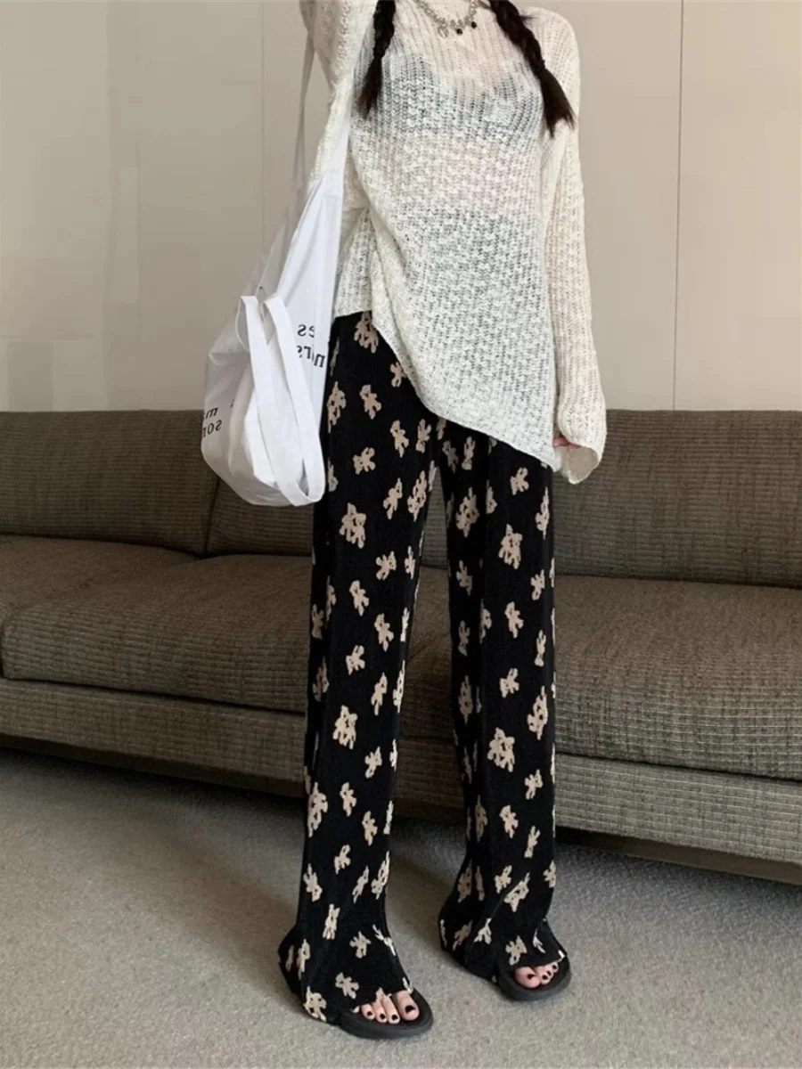 Schattige beer hoge taille wijde pijpen broek dames zomer 2024 nieuwe luie Sle casual broek Koreaanse versie lange broek