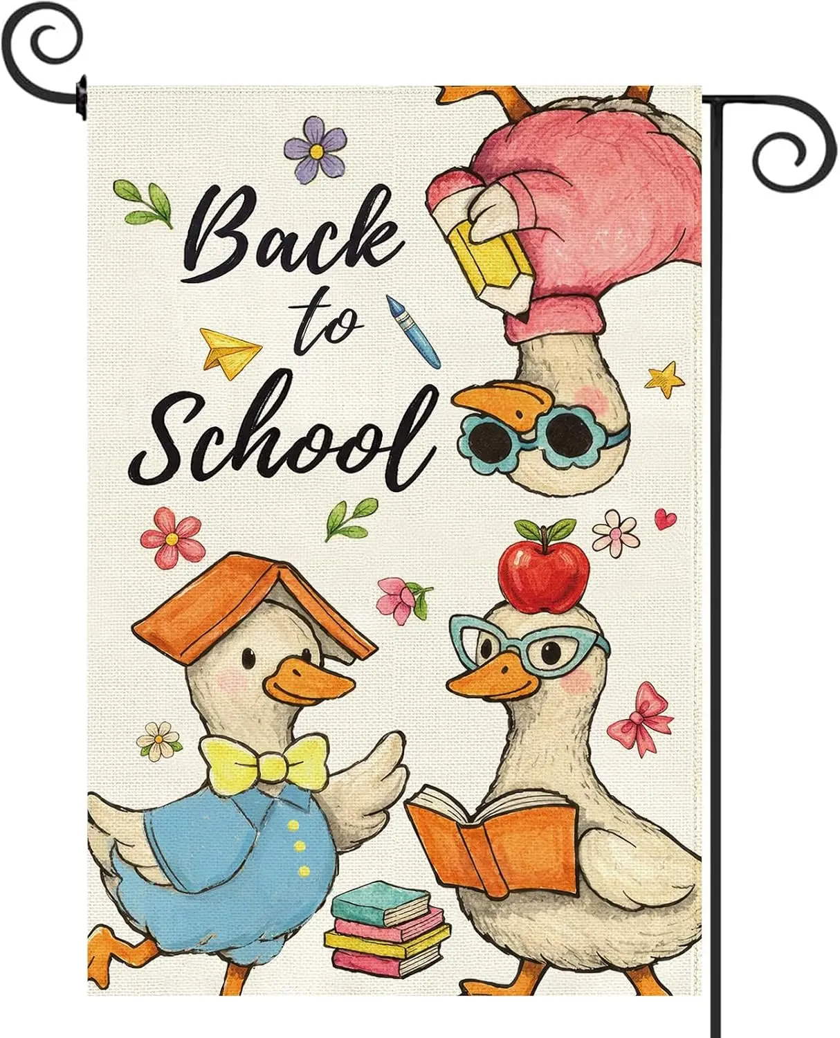 Back to School Garden Flag 12.5 x 18 Inch Double Sided Burlap Three Ducks Books Pencil Apple Students First Day of School Cl PPZ