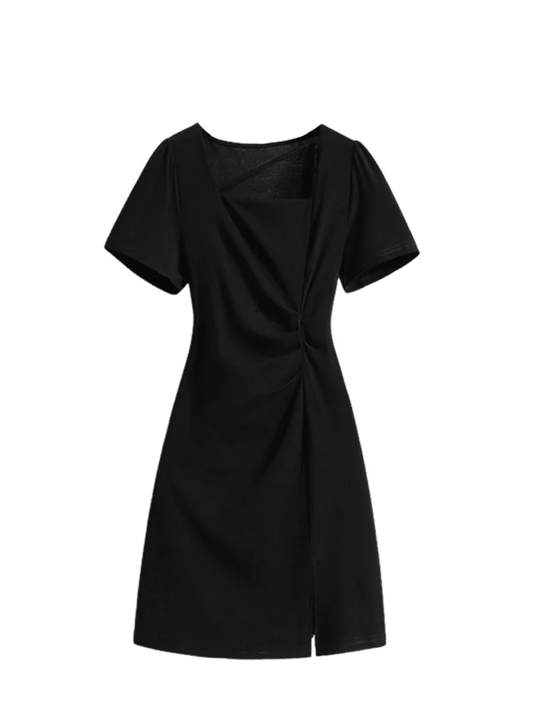 

Summer New plus Size Women's Dress Cara CLUB Waist Cinching Pleated Slimming Skirt City Commute Cotton Short Sleeve Midi Dress