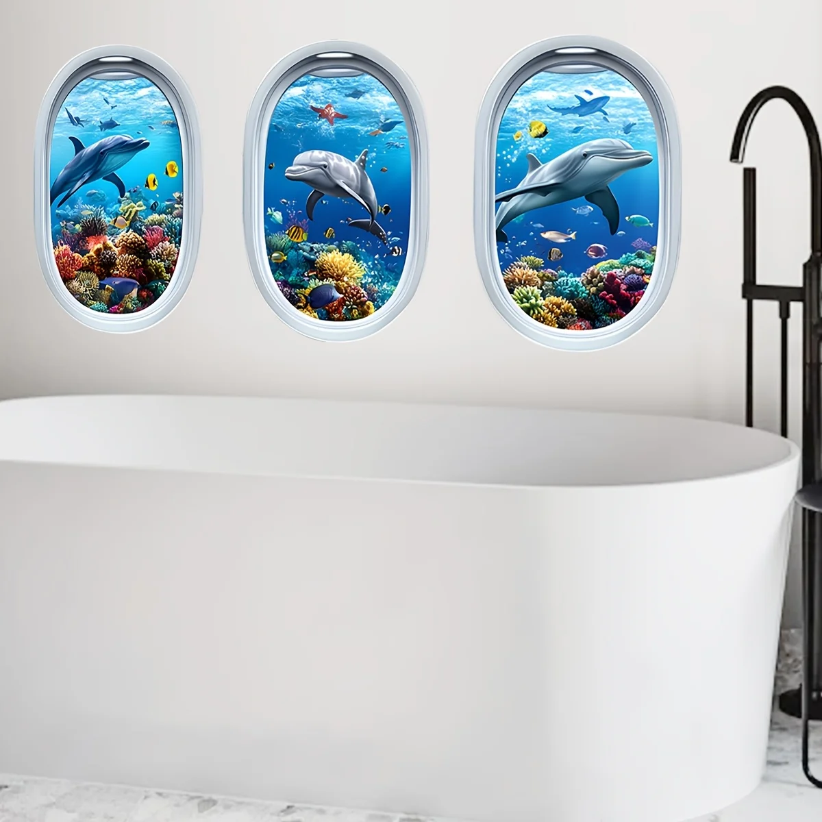 Porthole Underwater Dolphin Wall Stickers Set Of 3 Realistic Airplane Window Shape