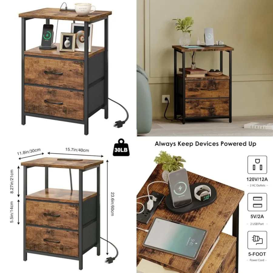 

Night Stand with Charger Station, Nightstand with Charging Station Fabric Drawers