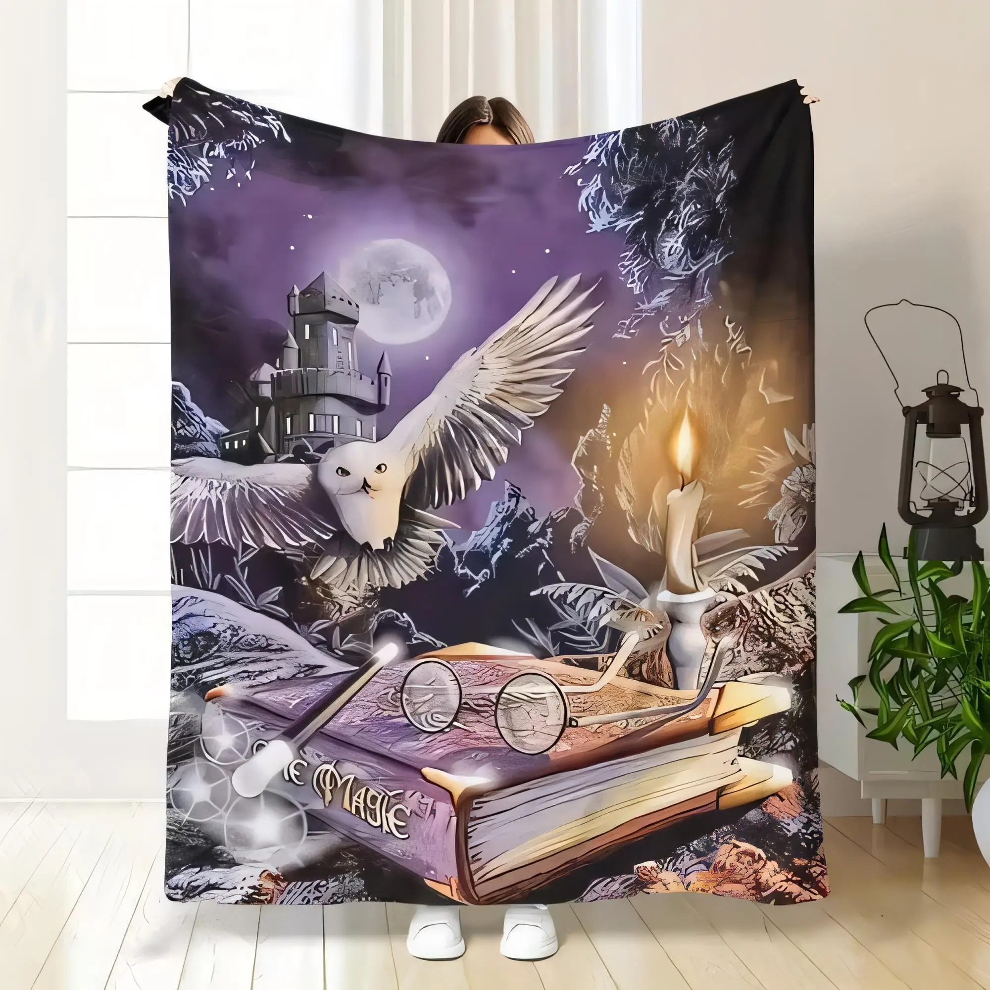 Magical Nighttime Scene Tapestry Blanket with Castle, Owl, and Candle Cozy Decorative Throw for Home, Enchanted Room Decor, Gift