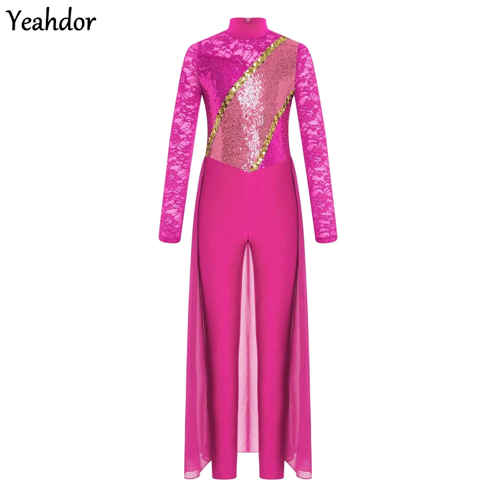 

Teen Girls Sheer Floral Lace Leotard Dress Gymnastics Figure Skating Jumpsuit Long Sleeve Sequin Chiffon Skirted Tank Unitards