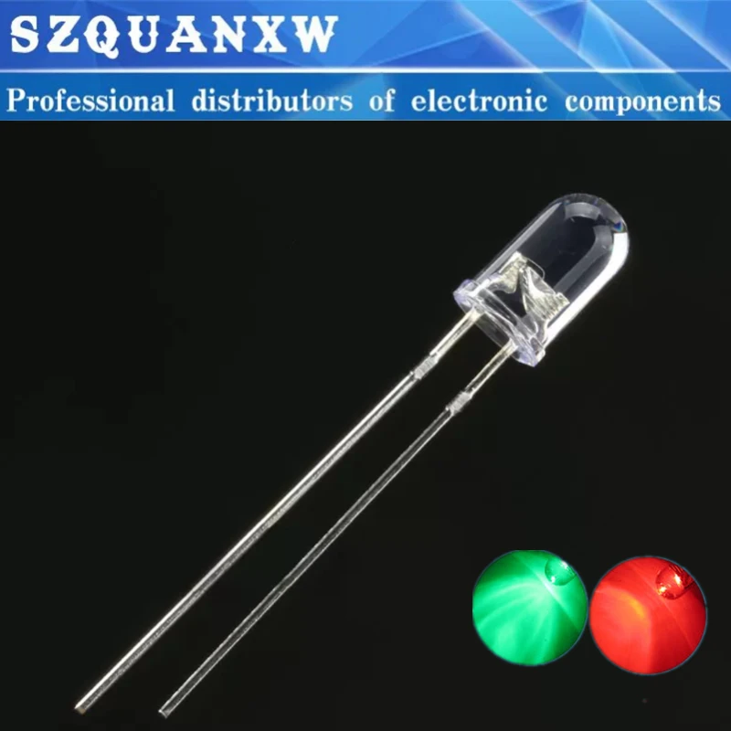 50 sztuk 5mm LED dwukolorowy przezroczysty czerwony/zielony niepolarny okrągły dioda elektroluminescencyjna dwa wtyczki DIP zestaw do samodzielnego montażu