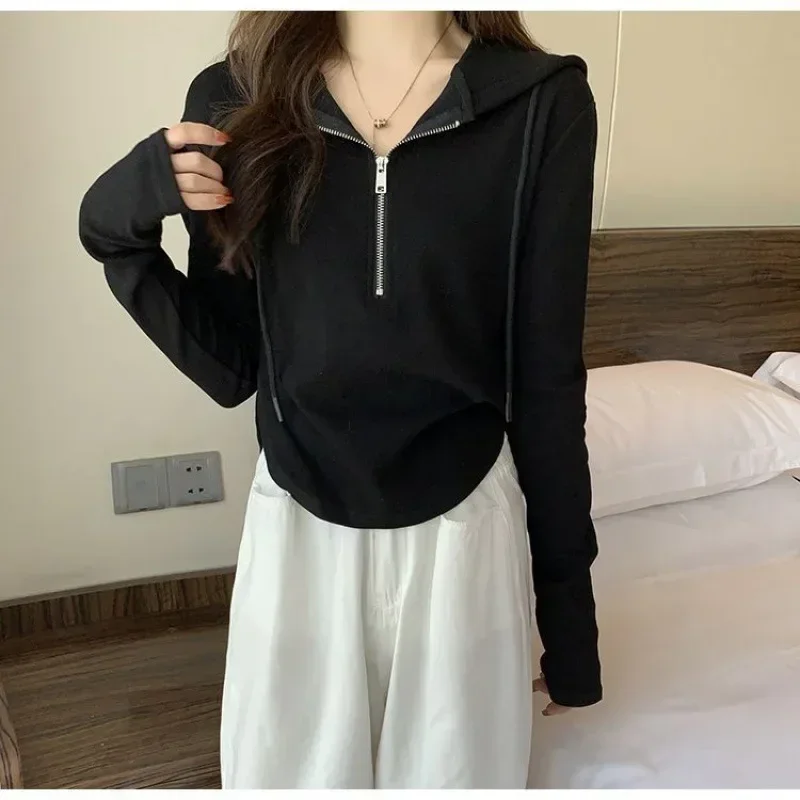 

Spring Kpop Streetwear Zip Up T Shirts Women Vintage Sexy Solid Hooded Cardigan Long Sleeve Cropped Tops Tracksuit Autumn Y2k