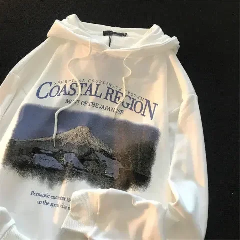 American High Street Men Women Hoodies Autumn Winter y2k Fashion Pullover Sweatshirt landscape Graphic Print Tops Clothes
