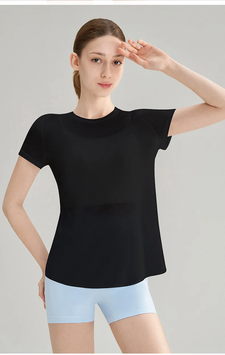 Bambusgarn-Sport-T-Shirt mit schönem Rückendesign, Yoga-Kleidung, Oberteil, schnell trocknendes Fitness-Shirt mit kurzen Ärmeln – Detail 5