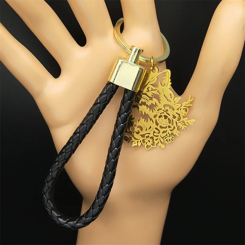 Lovely Cat in Flower Stainless Steel Pendant Keychain for Women Men Gold Color Alloy PU Leather Kitty Animal Keyring Jewelry