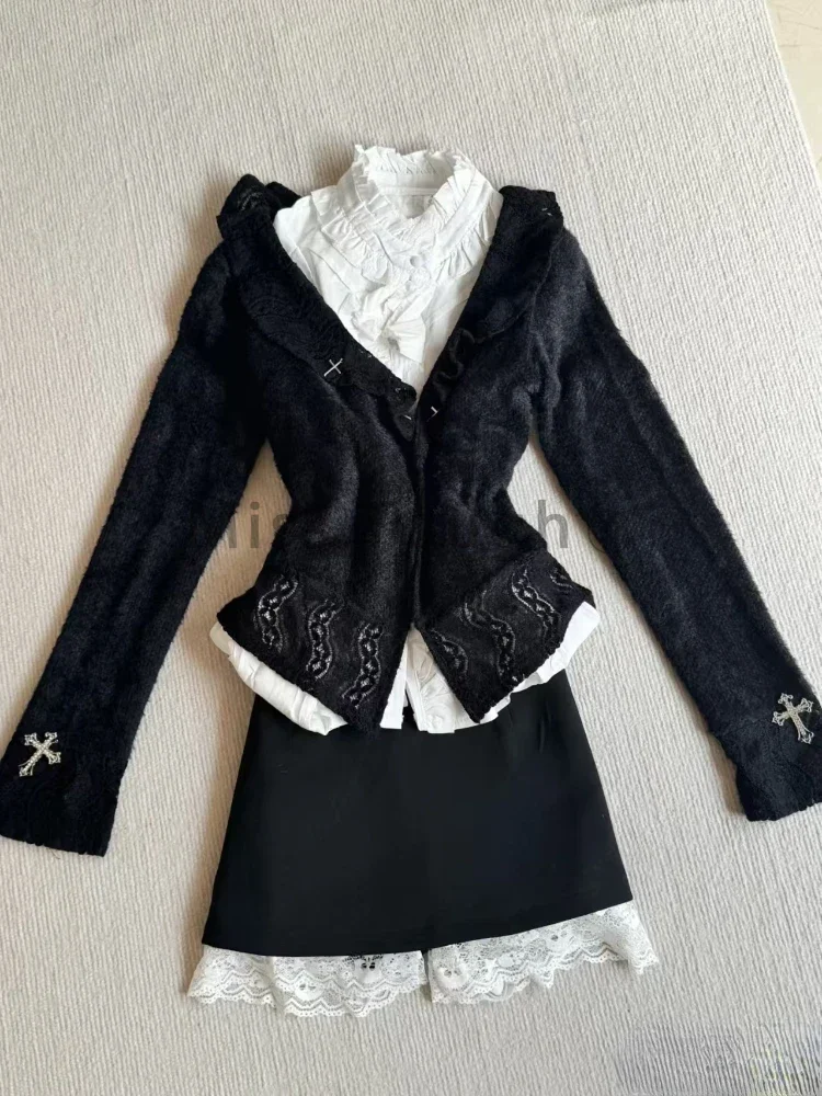 Herbst Frankreich Elegante Dünne 3-teiliges Set Frauen Design Hot Chick Aushöhlen Hemd + Lange Ärmel Strickjacke Hohe taille Rock Anzug