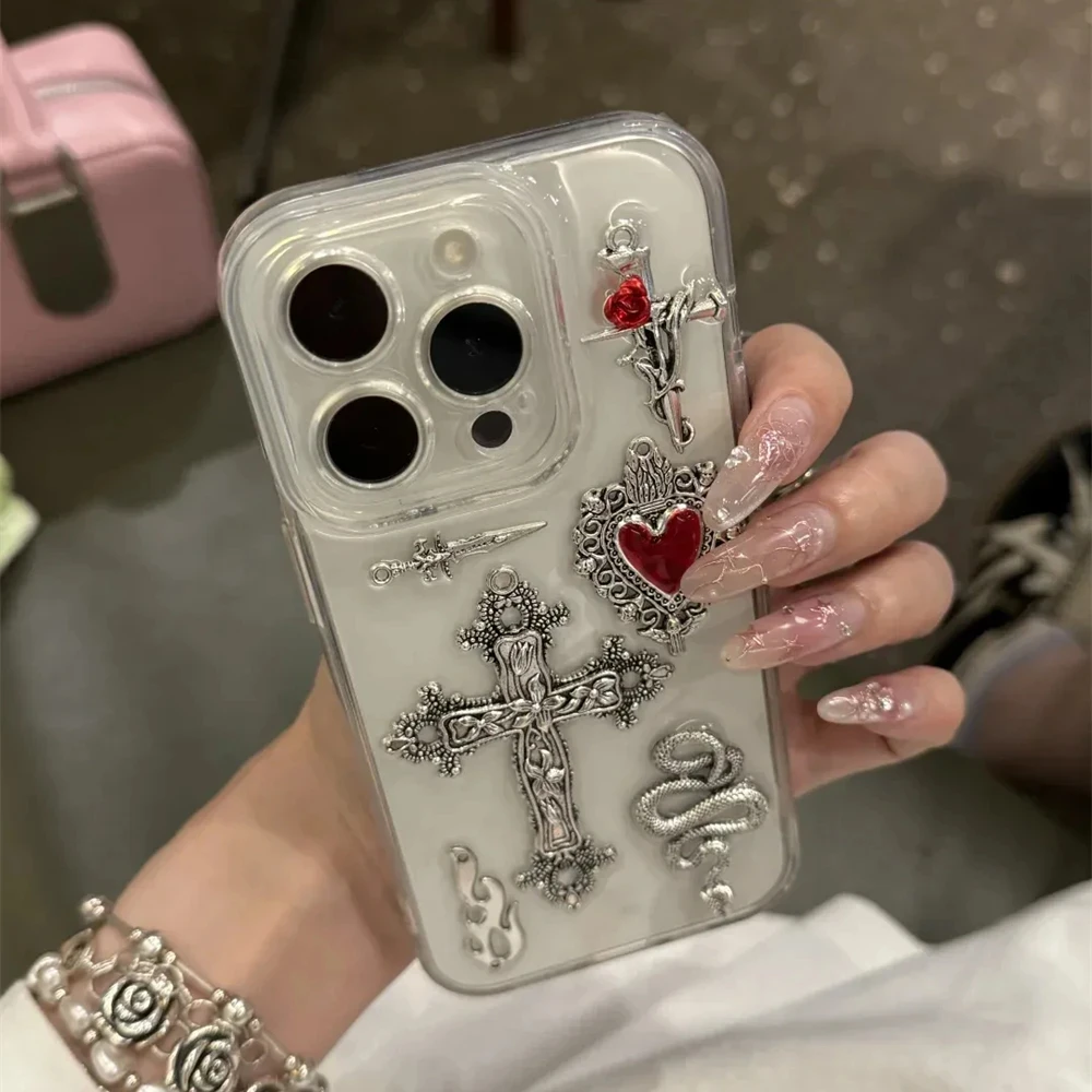 Y2K Gothic Cross Love Heart Clear Epoxy Phone Case For iPhone 16 15 13 12 11 Pro Max 14 Plus Cover 3D Snake Shockproof Shell