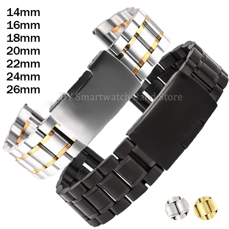 14 ミリメートル 16 ミリメートル 18 ミリメートル 19 ミリメートル 20 ミリメートル 22 ミリメートル 24 ミリメートル 26 ミリメートルステンレス鋼固体時計ストラップ折りたたみクラスプブレスレットシルバーブラックメタル時計バンド