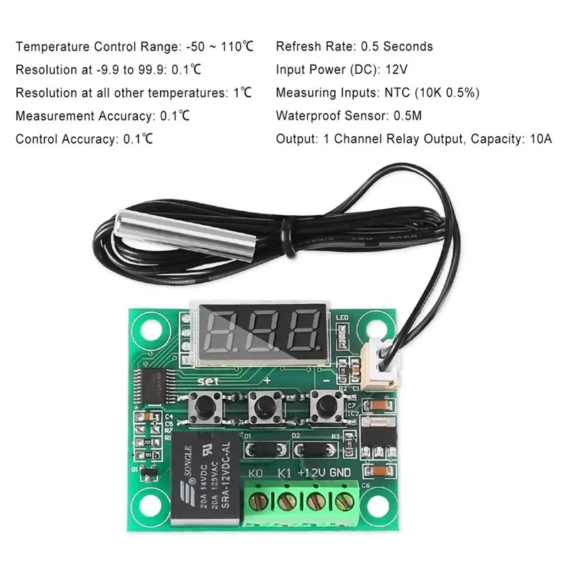 A23F-2Pcs W1209 Temperature Controller Module With Case LED Display Digital Thermostat Module With Waterproof NTC Probe