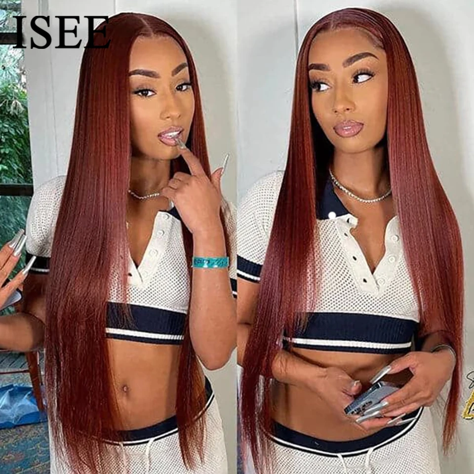 

Wear And Go ISEE Hair Glueless Wig Human Hair Pre Plucked Reddish Brown HD Transparent 6x4 Straight Lace Front Wigs For Women