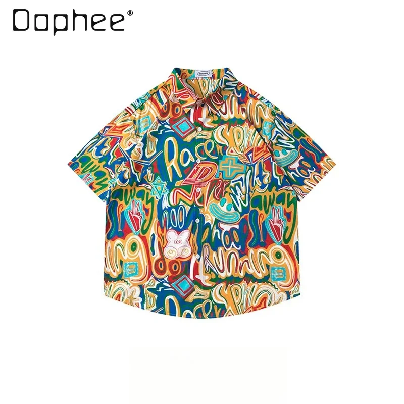 

Summer New Men Graffiti Letter Print Casual Streetwear Short Sleeve Shirt Colorful Y2K Hawaiian Vacation Loose Shorts