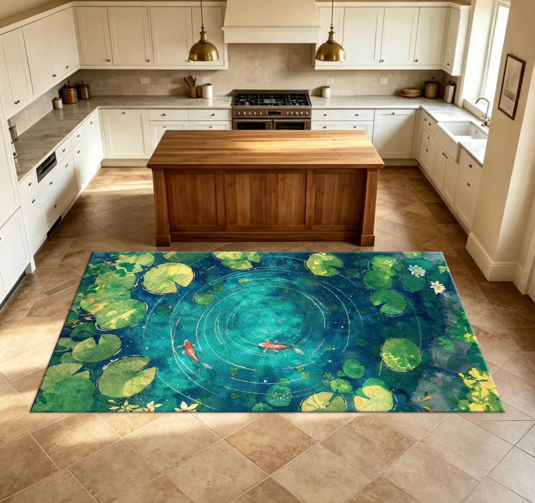 Watercolor Koi Lotus Pond Carpet Floor Mat Fresh Aquatic Water Lily Print Floor Mat Natural Style Indoor Decorative Carpet