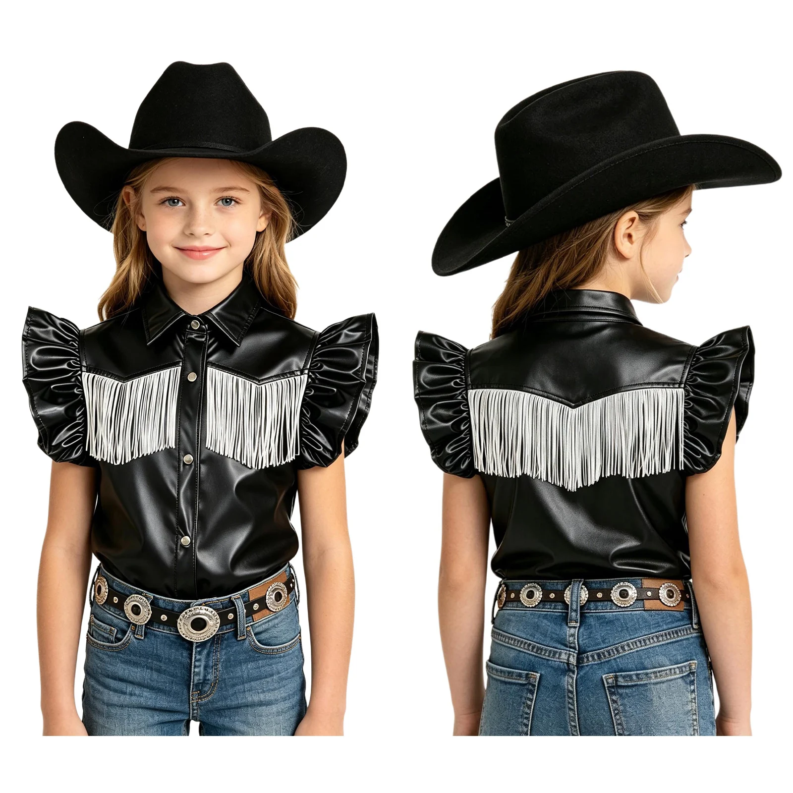 

Metallic Tassel Shirt for Kids Girls Sleeves Press Buttons Western Cowgirl Style Top Clubwear for Jazz Street Dance Competition