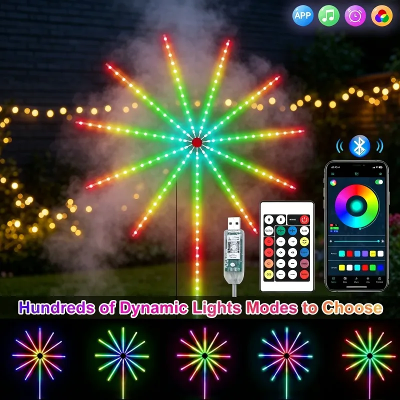 5V USB RGB IC Fireworks LED Strip Lights, Bluetooth APP Control Smart Dream Ambient Lamp Sync Music for Bedroom Party Home Decor