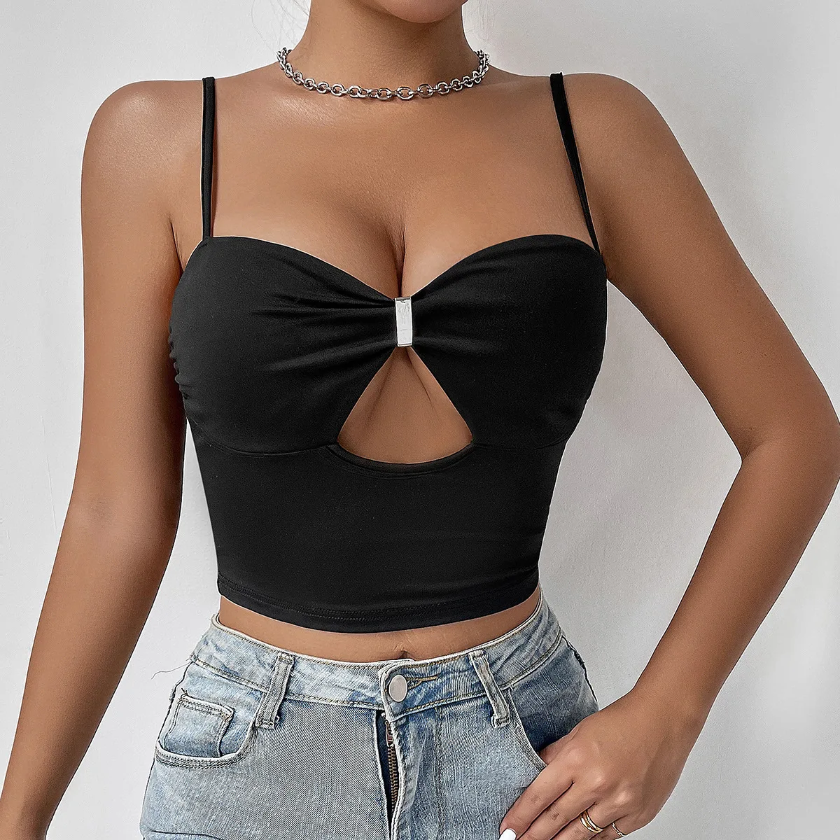 With Buckle  Low-cut Hollow Out Tank Top Women Backless Spaghetti Strap Halter Crop Tops Camisole Female Tube Top Cropped Vest