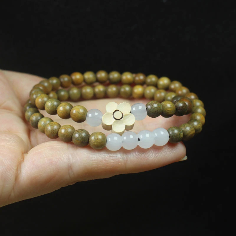 Green Sandalwood Fragrance 6mm Double Circle Buddhist Bead Bracelet with Wooden Flower Beads, Women's Forest Style Decorati