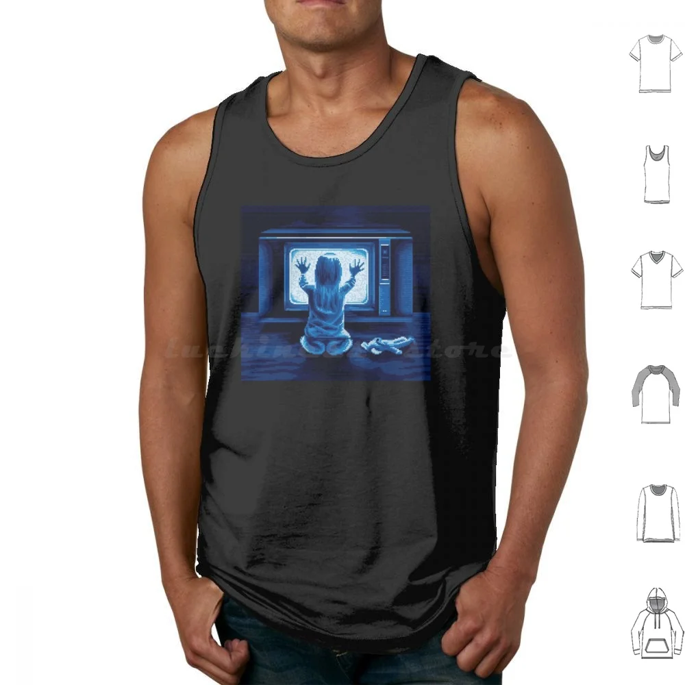 Poltergeist Tank Tops Print Cotton Anime Flame Explosion Bomb Sea Blue Pixels Japanese Japan Graphic Design Pattern Fire