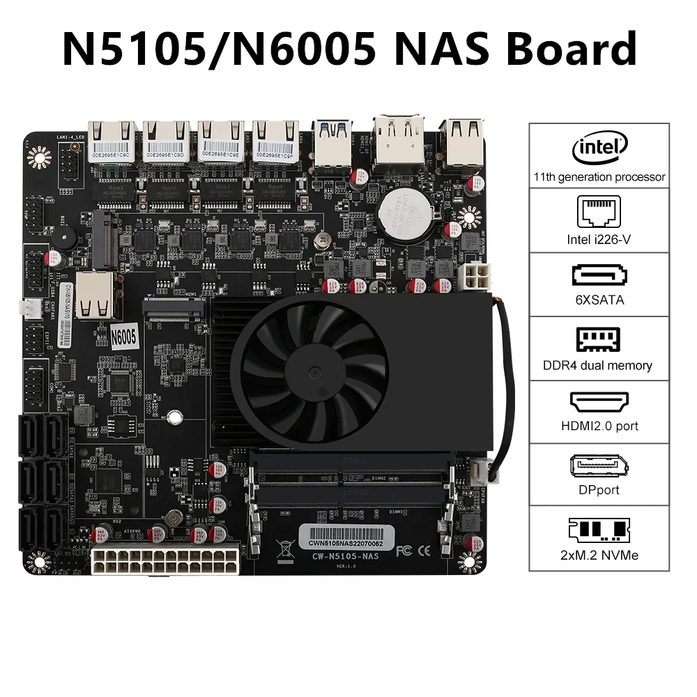 4x Scheda madre NAS Intel i226-V 2.5G Nics N5105/N6005 Dual M.2 NVMe Six SATA3.0 2 * DDR4 HDMI2.0 DP Mini ITX 17x17CM Routing morbido