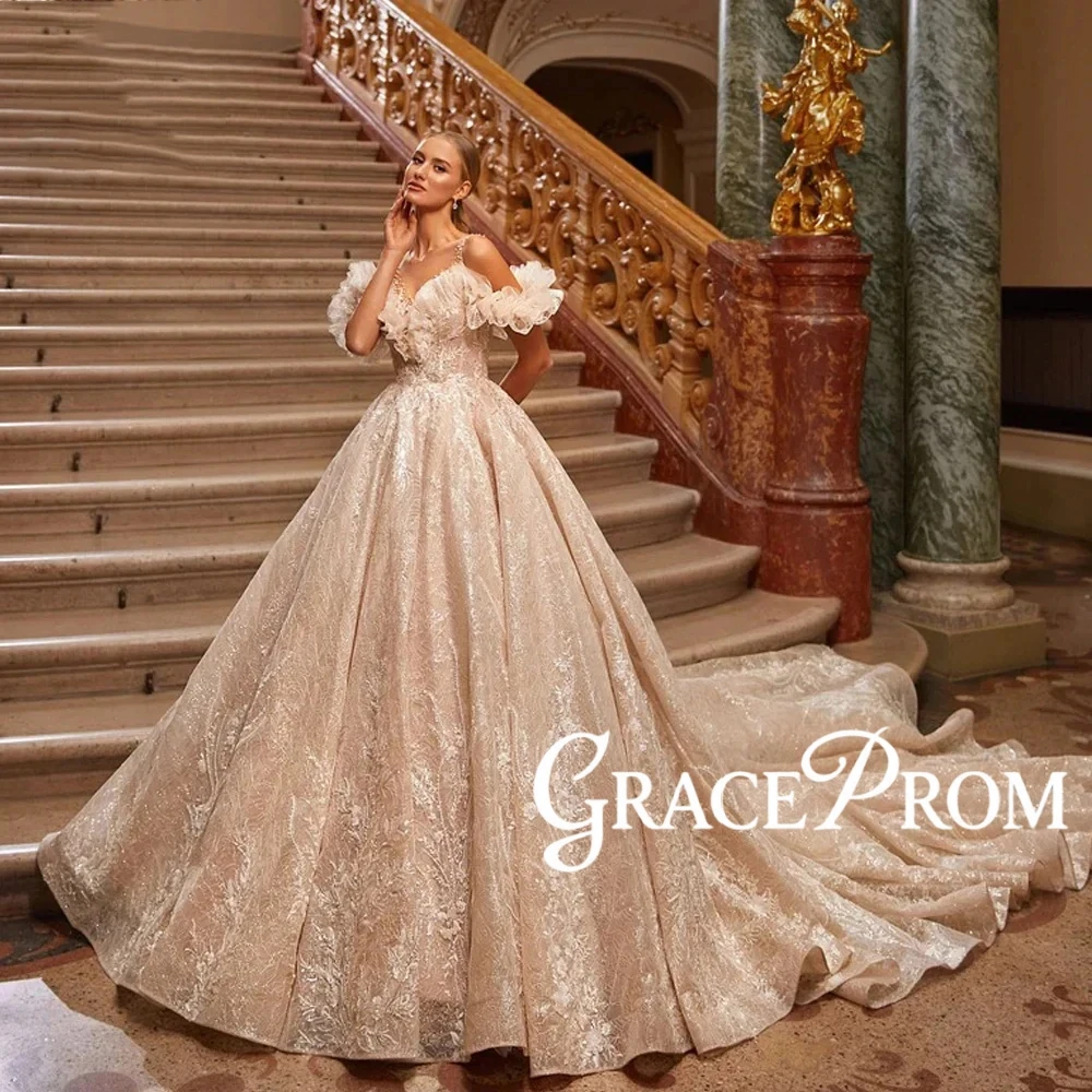 

Romantic Ruffled Off Shoulder Wedding Gown Glittering Lace Intricate Beading & Flowy Long Train Princess Bridal Dress Customized