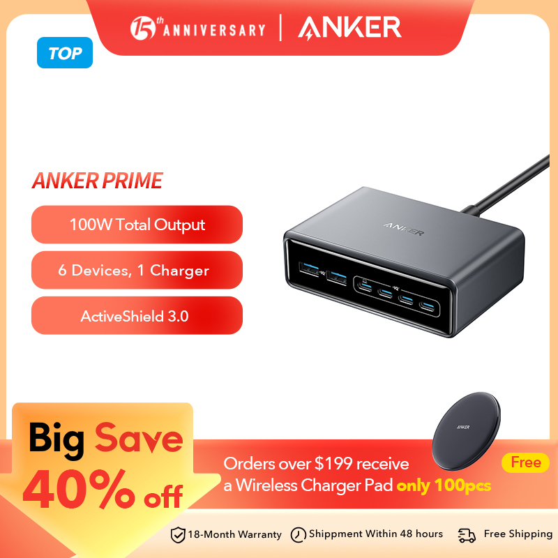 Anker Prime Charger 200 W 6 Ports GaN Charging Station USB-C PD Desktop Charger with Quick Charging, Compatible with iPhone