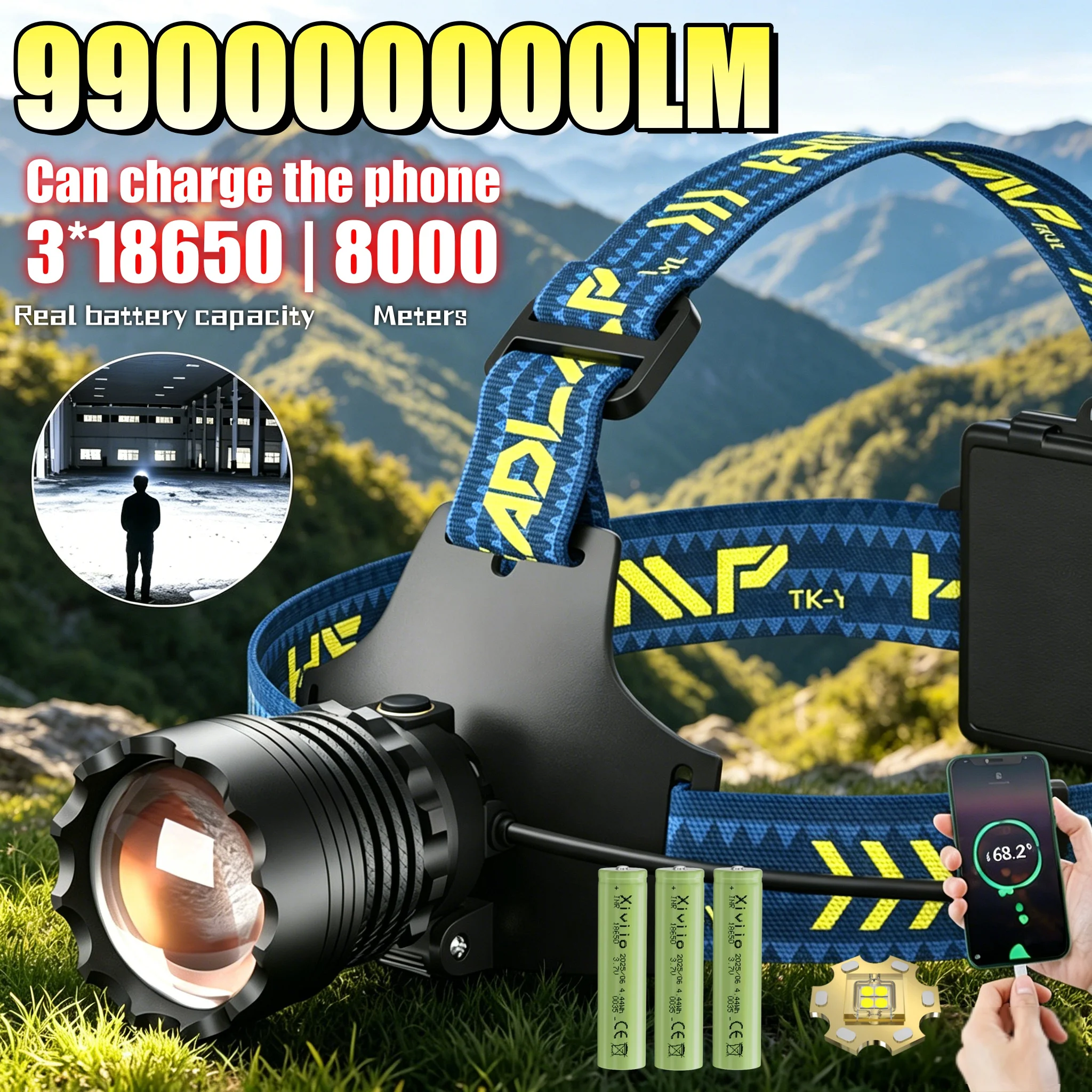 990000000LM High Power LED Headlamp Long-range Spotlight Head Flashlight 3 Modes Dimmable Rechargeable Outdoor Fishing Lantern