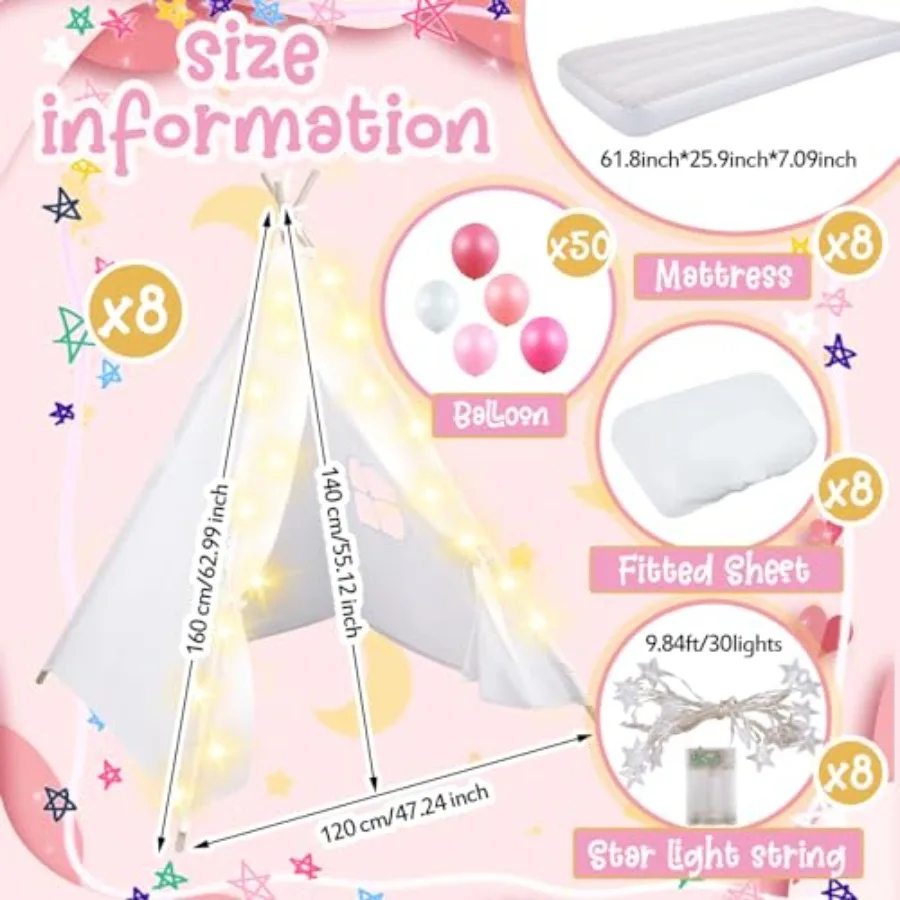 Tente de couchage pour filles, paquet de 8, tente de fête pour fête du pyjama, en vrac avec ficelle légère, matelas pneumatique, drap-housse lavable Na