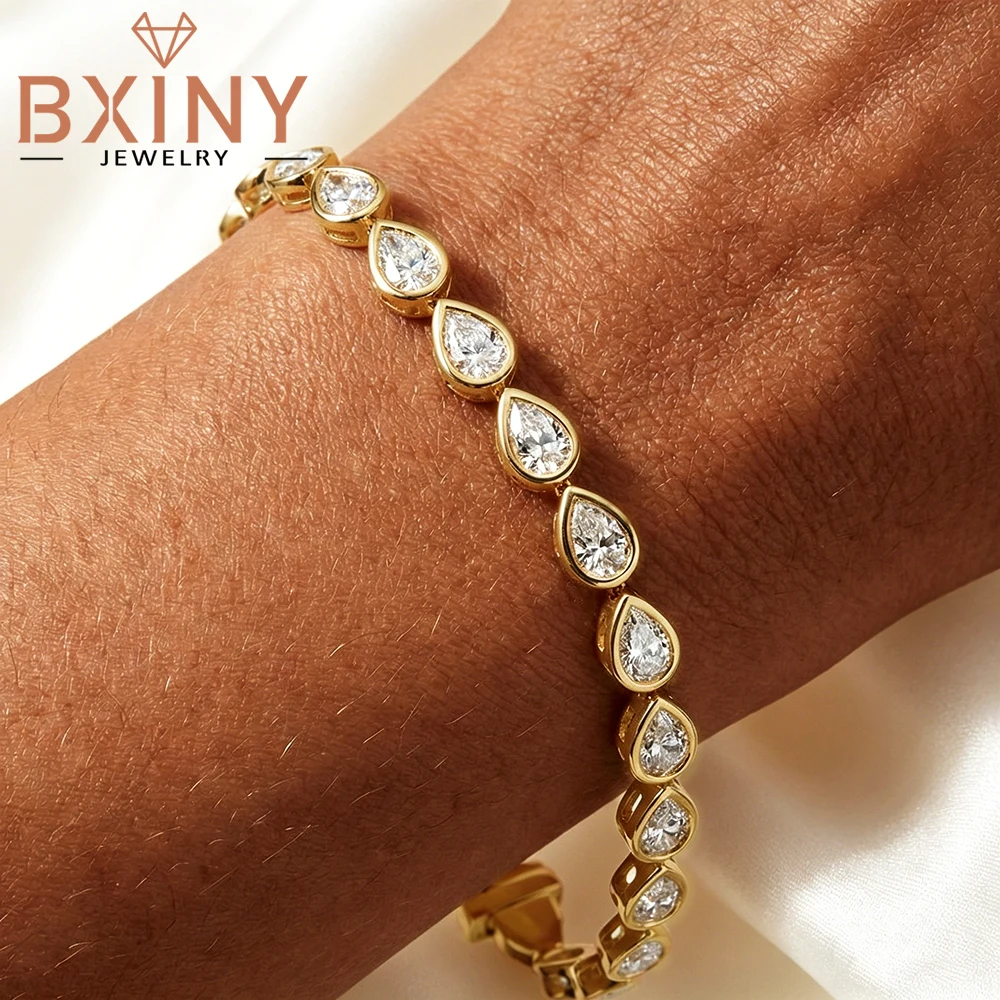 BXINY 4*6mm WaterDrop Bezel Set Moissanite Tennis Bracelet 100% S925 Silver Pear Cut Diamond Hand Chain for Women Jewelry Gifts