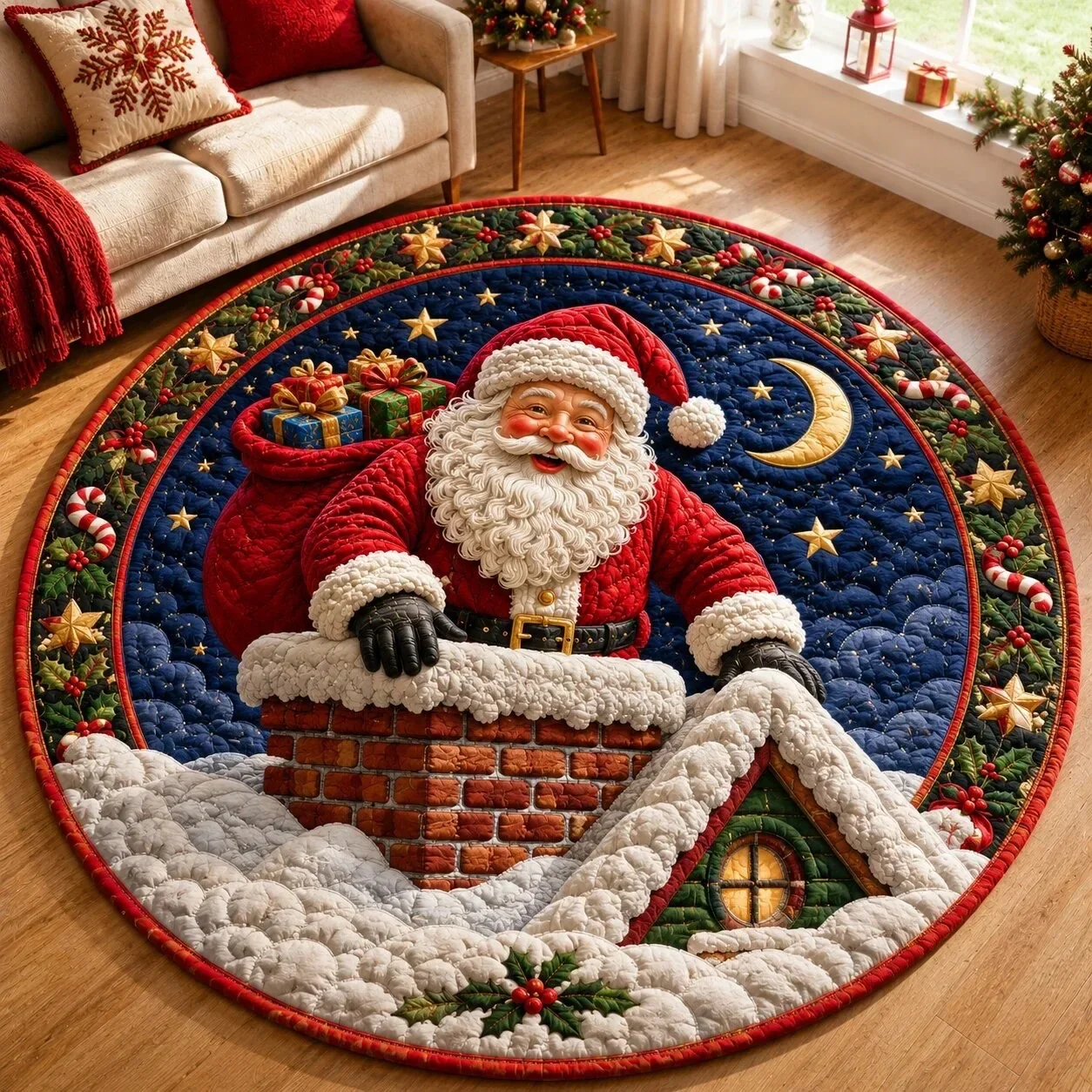 Christmas Round Printed Plush Carpet Nonslip Indoor Outdoor Festival Entrance Floor Mat Excellent Gift Choice Multiple Sizes