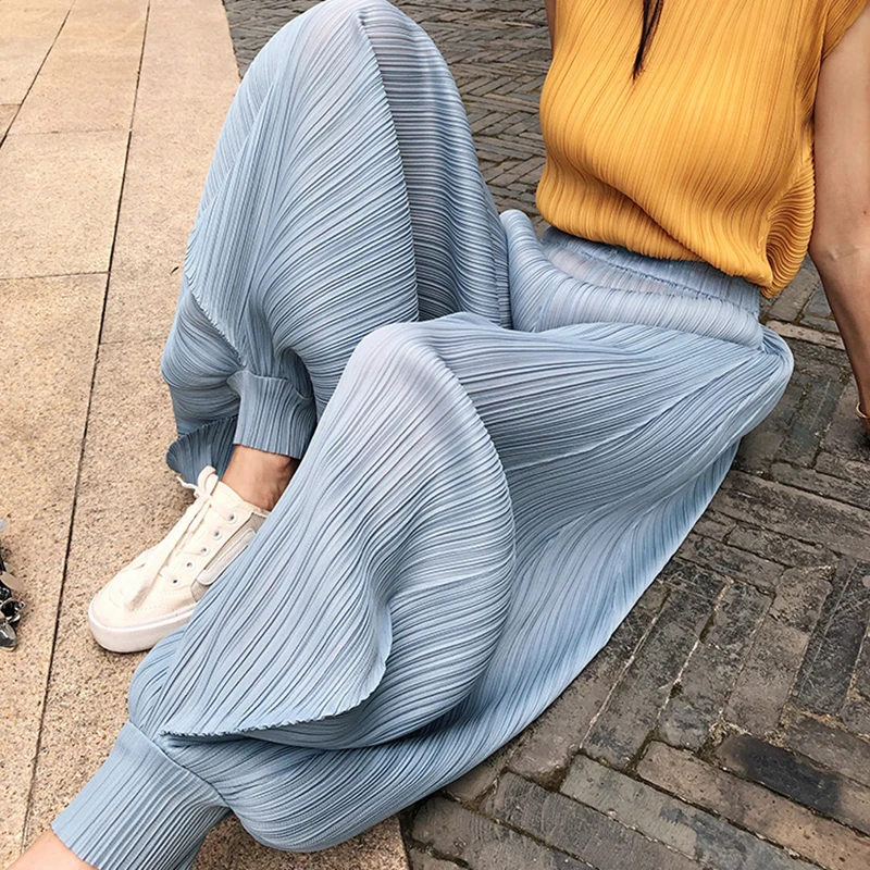 Miyake Pleated Classic Women Pants Bloomers Trousers 2023 Summer Wide Leg Loose High Waist Elegant Causal Pants