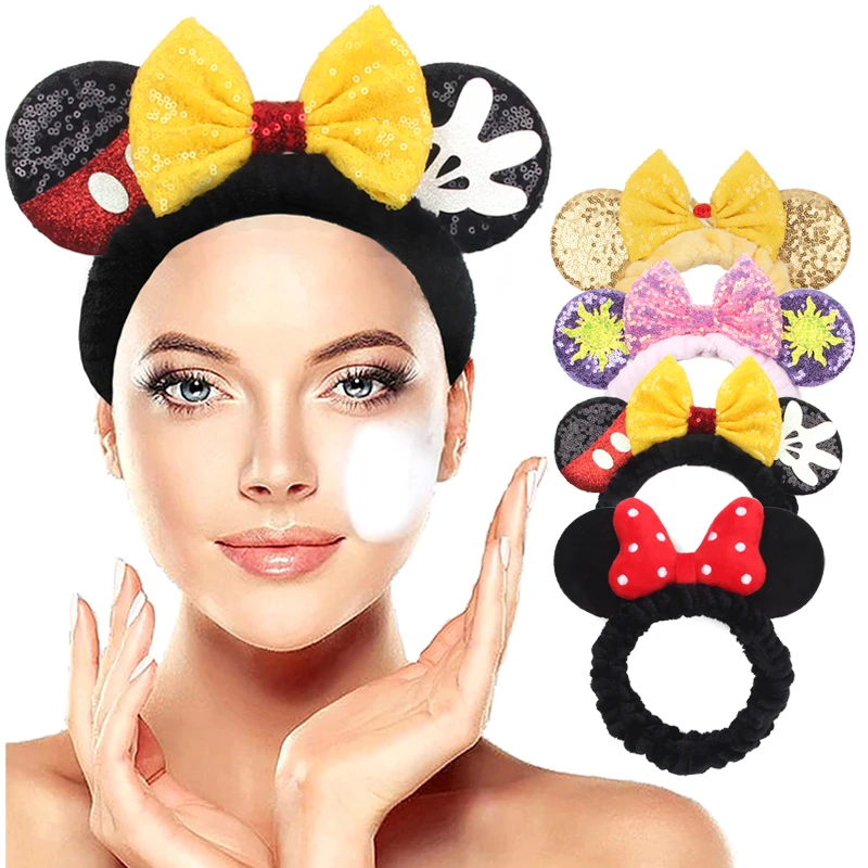 Fashion Cute Disney Mouse Ears Wash Face Headband Women Sequin Butterfly Knot Hairdband Girls Makeup Hair Accessories Chic Gift