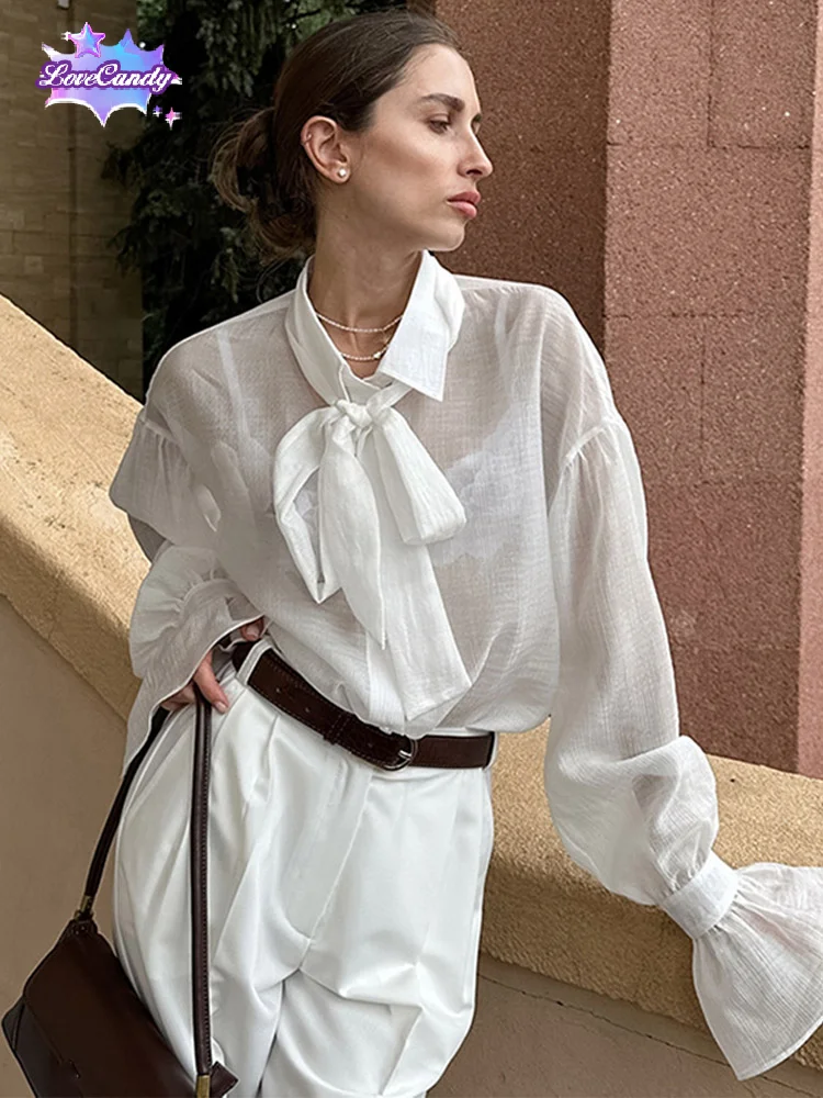 Women Lace Up Bow Cotton Linen Thin Shirts Lapel Flared Sleeve Single Breasted Blouses 2025 Spring Chic New Lady High Street Top